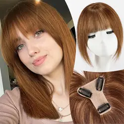 100% Remy Human Hair Bangs Hair Clip with 3 Secure Clips 360°Cover Top Hair Pieces with Wispy Fringes for Women 10 Inch Auburn