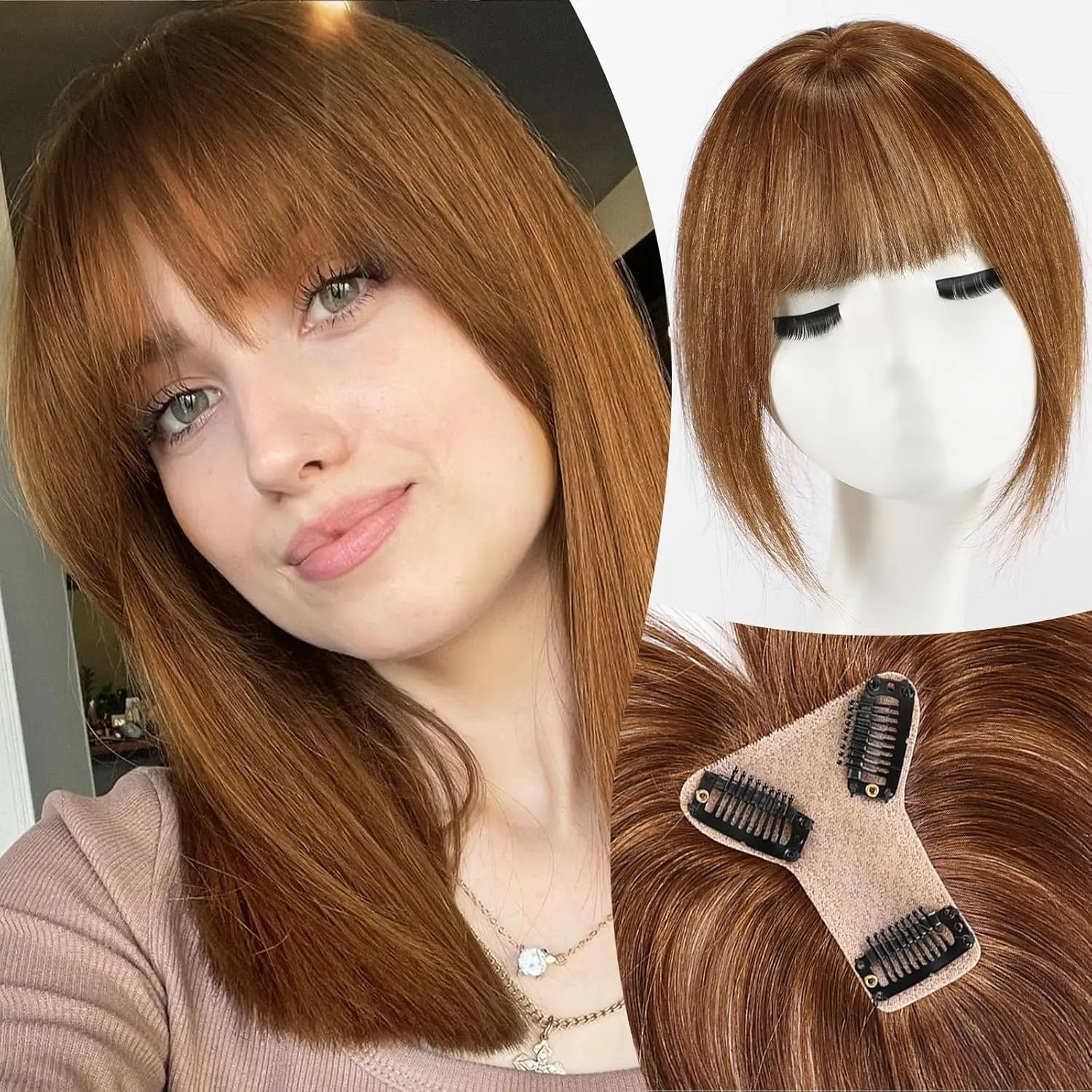 100% Remy Human Hair Bangs Hair Clip with 3 Secure Clips 360°Cover Top Hair Pieces with Wispy Fringes for Women 10 Inch Auburn