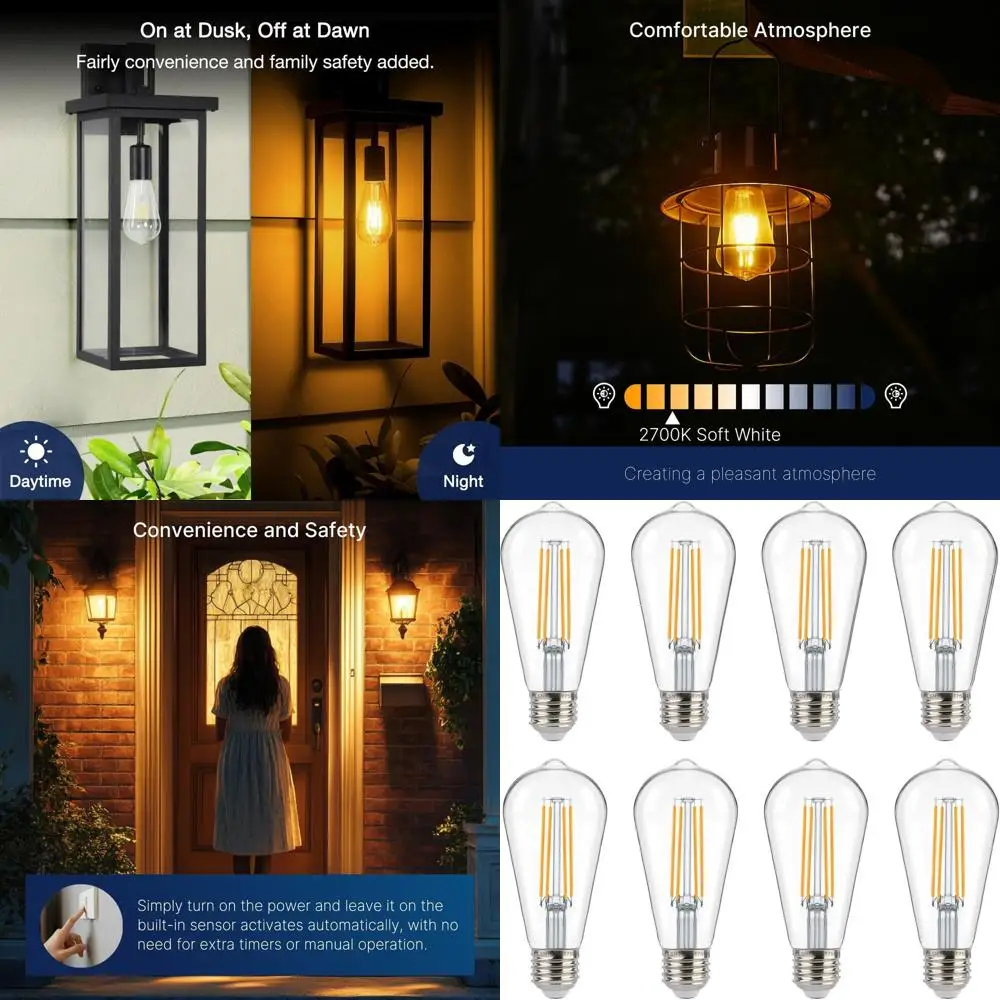 

8-Pack 8W LED Vintage Filament Light Bulbs, 1400LM, 2700K Soft White, Auto On/Off Photocell for Outdoor Lighting