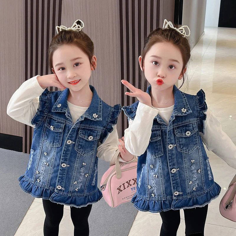 

Elegant Baby Child Denim Vest With Pearl for Girls Casual Sleeveless Jeans Jacket New Autumn Waistcoat Kids Clothing Age 2-9 Y