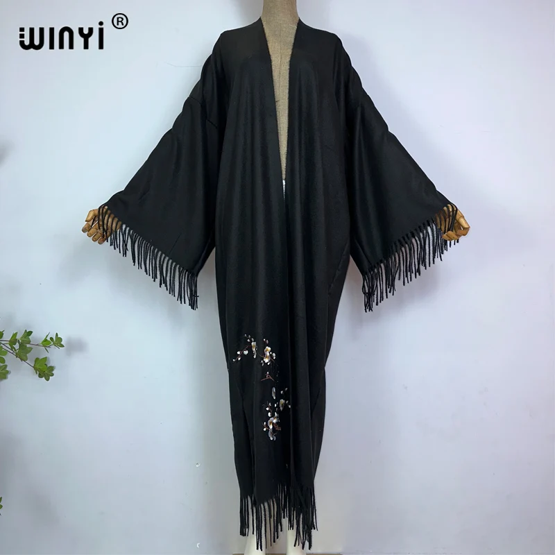 2023 WINYI Winter Women tassel Pashmina Embroidery Long Coat Loose Lapel OverCoat Thick Warm free size Middle East Female KIMONO