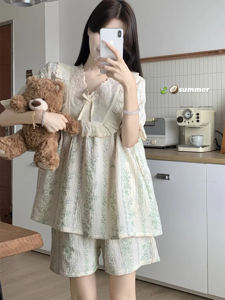 

New Home Lace Princess Simple Sweet Chinese style Holiday Short Sleeve Pajama Set Women Summer Short Sleeve Loose Sleepwear Ins