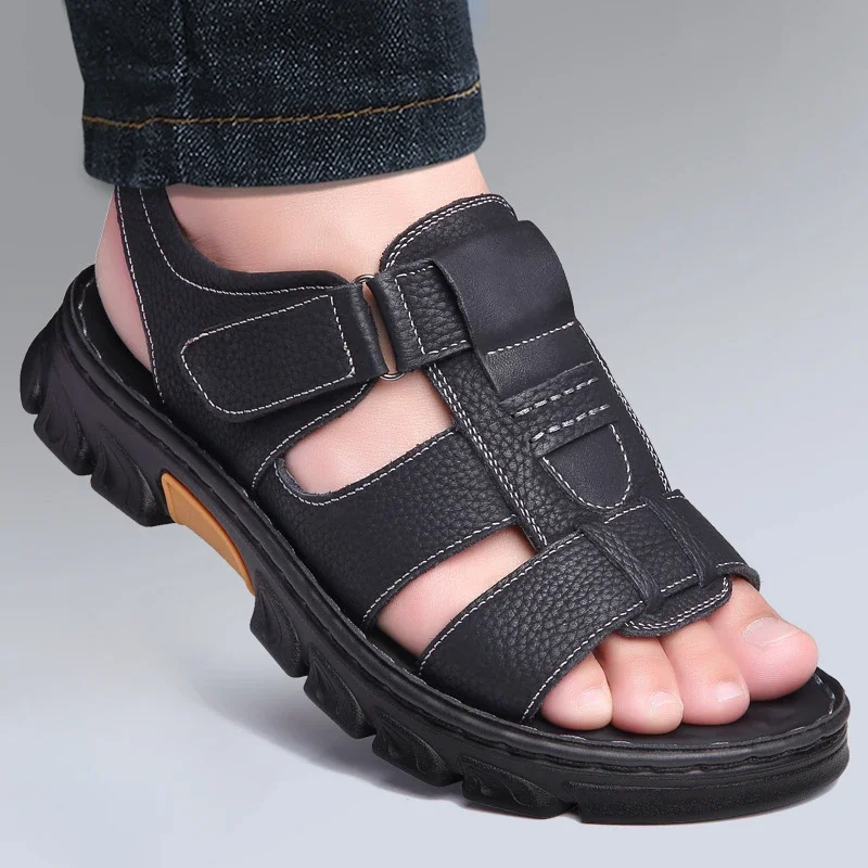 Sandalen Herren Neue Strandschuhe Rindsleder Hausschuhe Outdoor rutschfeste dicke Sohlen Echtleder Sandalen Sommersandalen Herren 2024