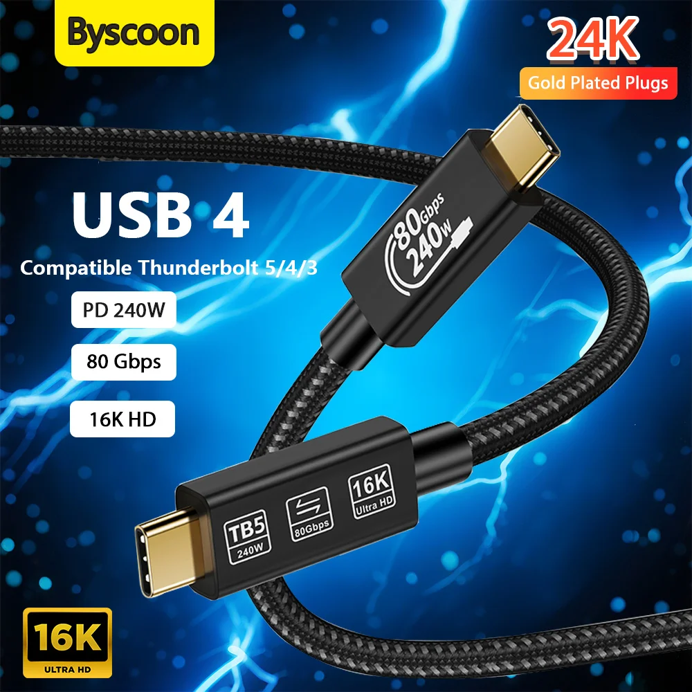 USB-C-Monitorkabel, 16 K60 Hz, 4 K120 Hz, HDR-Videodisplay, 80 Gbit/s, 240 W, schnelles Laden, 24 K vergoldetes Kabel, Thunderbolt 5 4 kompatibel