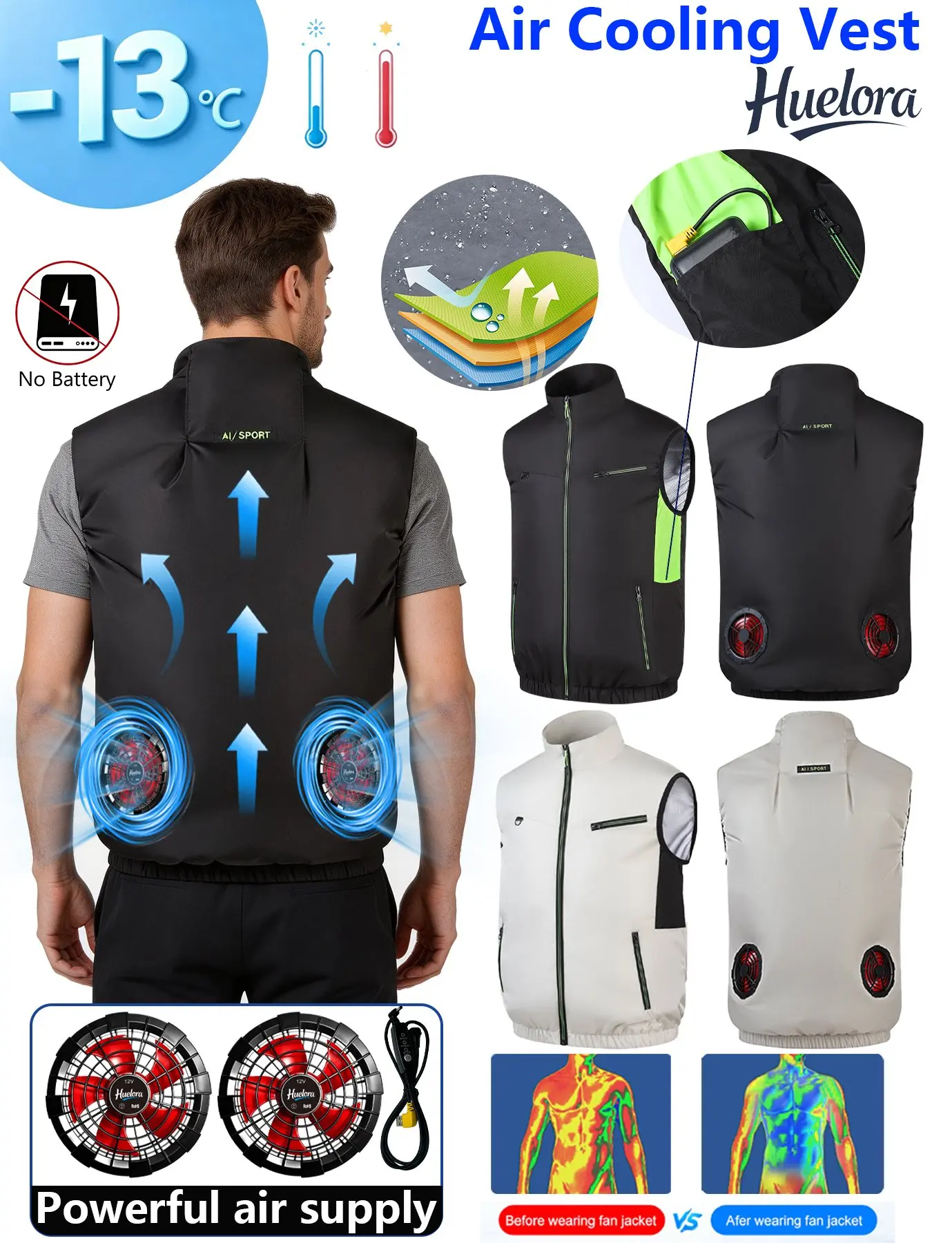 

Air Cooling Vest Men Dual Fans USB Stand Collar Summer Work Sleeveless Waistcoat Battery Pocket