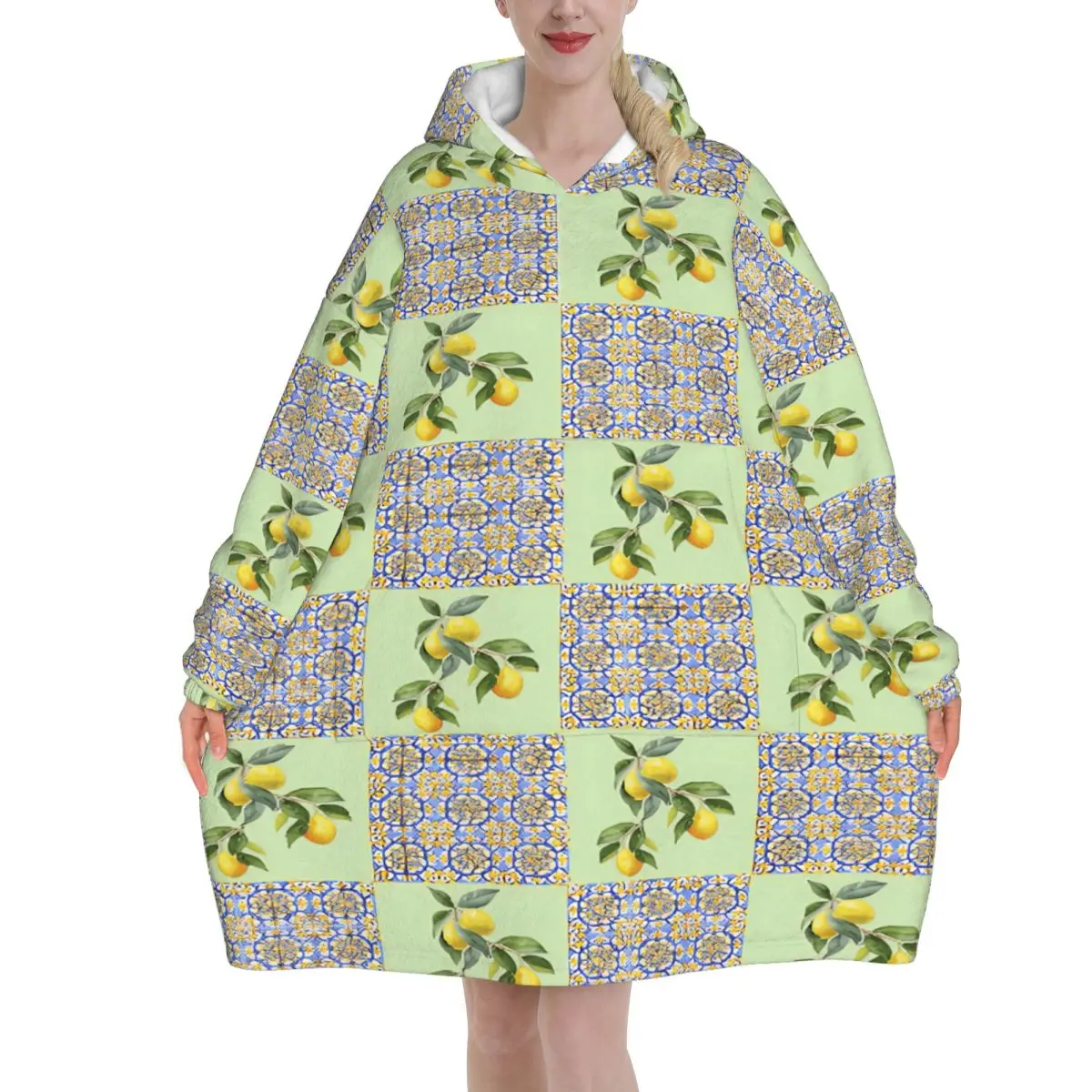 Lemon Sicily Rectangle Wearable Blanket Hoodie Warm Cozy Large Blanket Sweatshirt Thick Fleece Hooded Blanket with Pocket