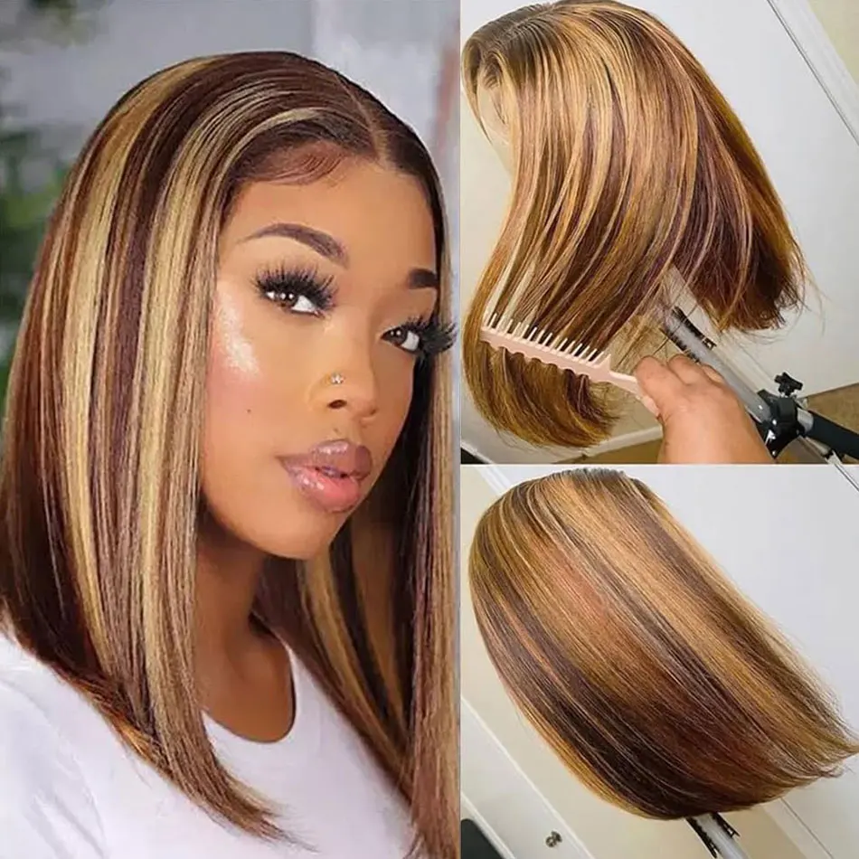 427 ハイライトボブウィッグ人毛ストレート13x4 HDレースフロントプレプラッキング済み200%密度オンブレハニーブロンドブラウンショートボブウィッグ