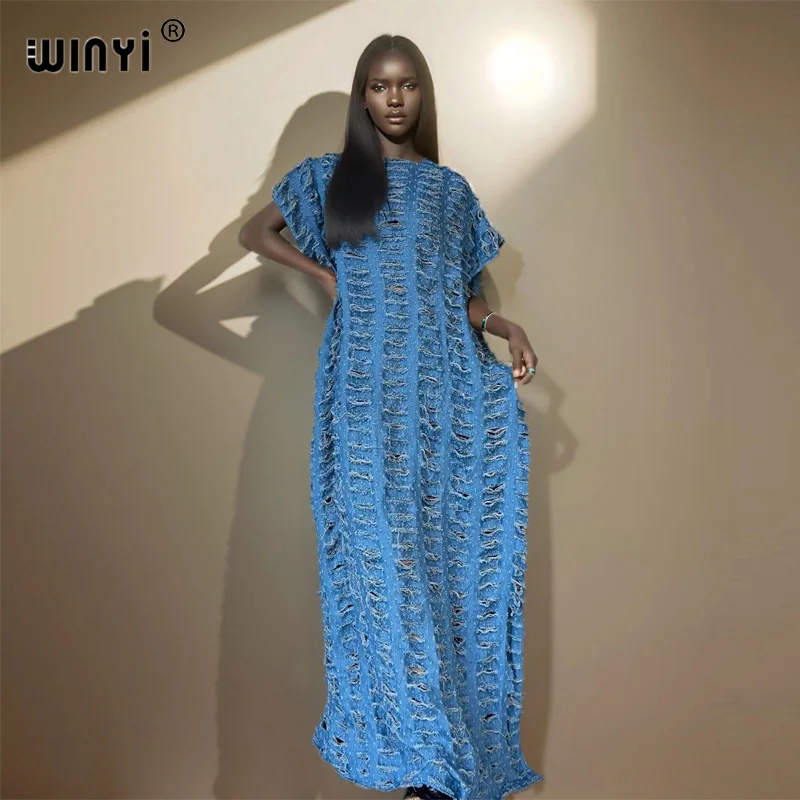 Winyi Originele Denim Sexy Lange Jurk Met Gaten Nieuwe Mode Afrika Womens Party Vakantie Casual Korte Mouw Maxi Strandjurk