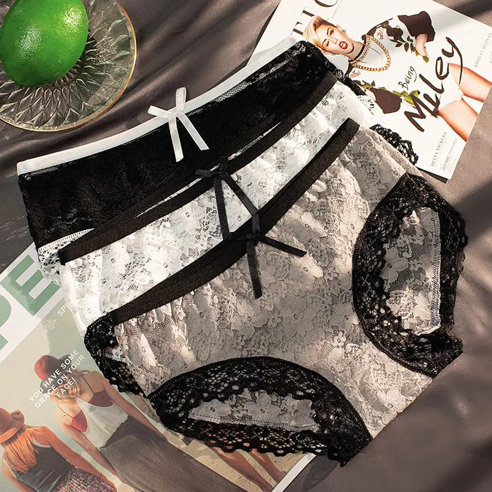 

Sexy Breathable Flower Mid-waist Bowknot For Girls Women Panties Korean Underwear Briefs Lace