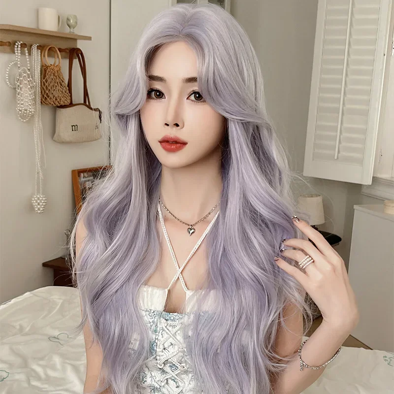 Perucas longas de onda de água com arranca para mulheres, cosplay cinza roxo, peruca sedosa, cabelo sintético natural macio, resistente ao calor, festa diária