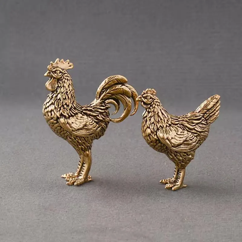 Premium Solid Brass Rooster & Hen Small Statue, Copper Chicken Ornaments Tea Pet Crafts for Office Desktop Decoration Collection