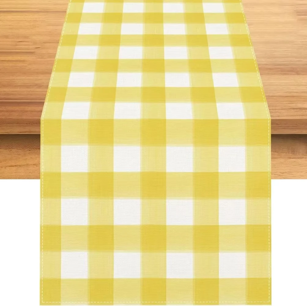 

Fresh Yellow White Buffalo Plaid Table Runner, Washable Linen Kitchen Table Decor for Modern Farmhouse Home