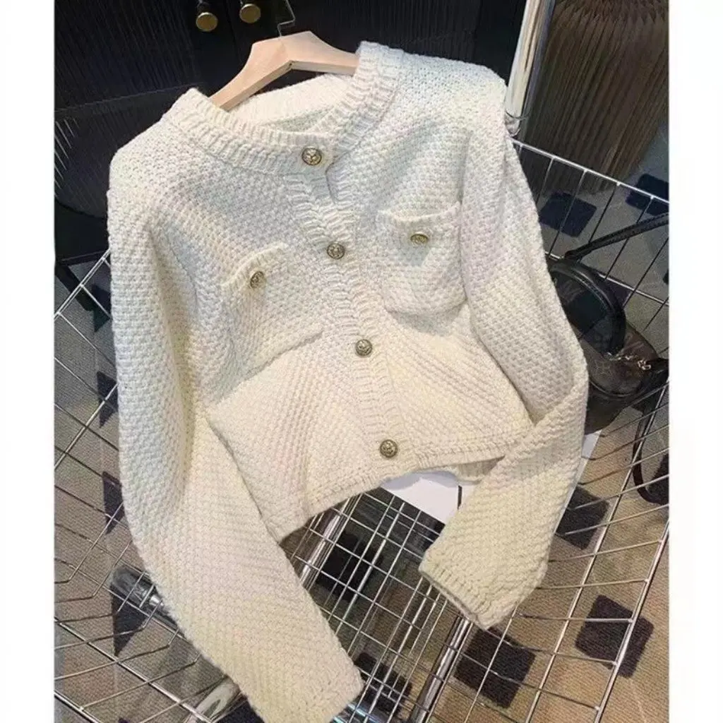 

Women's Style Sweater Jacket round Neck Long Sleeve Loose Slimming Single Breasted Waffle Spring New