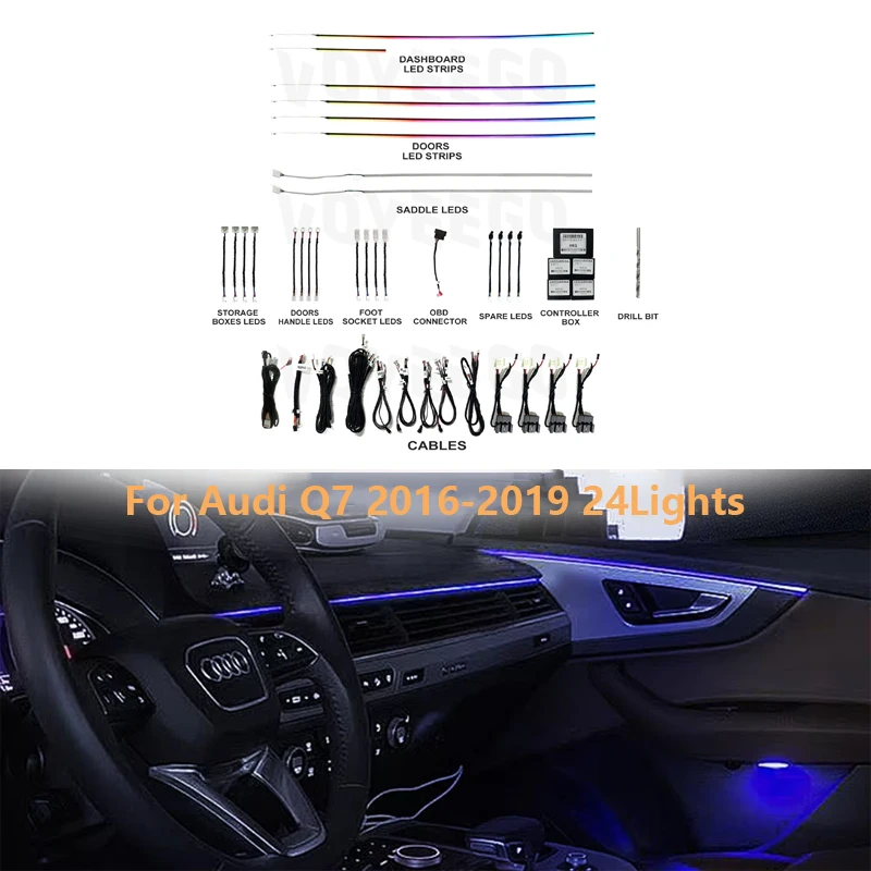 64 Colors LED Ambient Light 24 in 1 For Audi Q7 2016-2019 Car Interior Led Strip Dashboard Door Panel Decoration Atmosphere Lamp