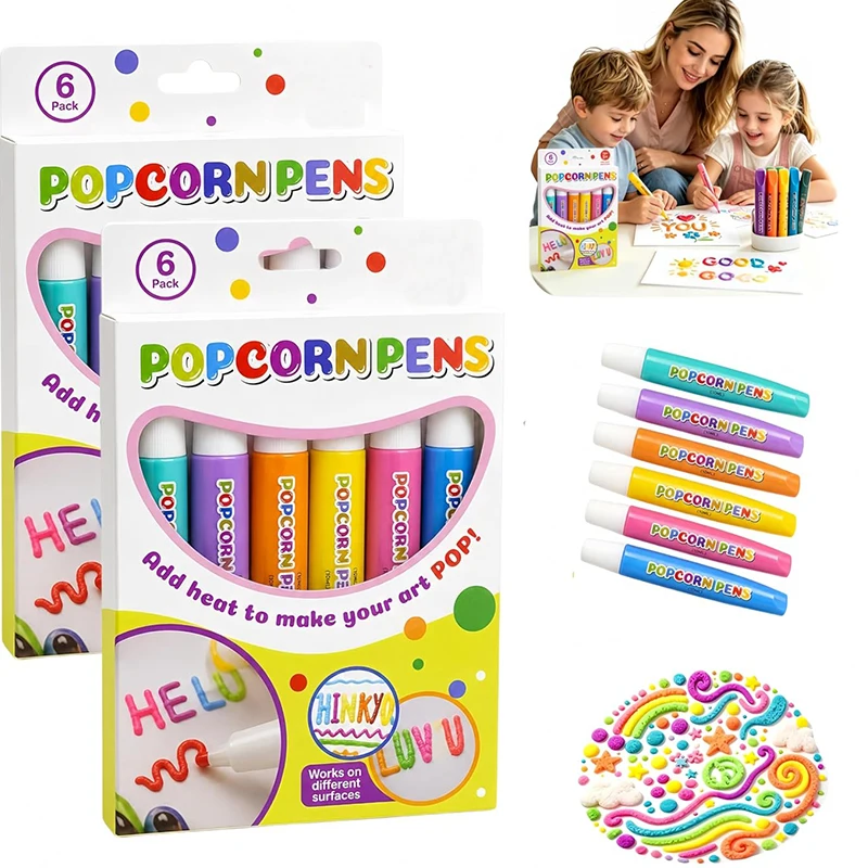 3D Magic Puffy Popcorn Pens Set Smooth Easy‑to‑Color DIY Bubble Popcorn Drawing Pen for Journal Craft, Notebook Greeting Card