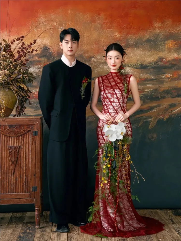 

New Chinese-style engagement dress morning gown bride's toasting dignified red backless fishtail
