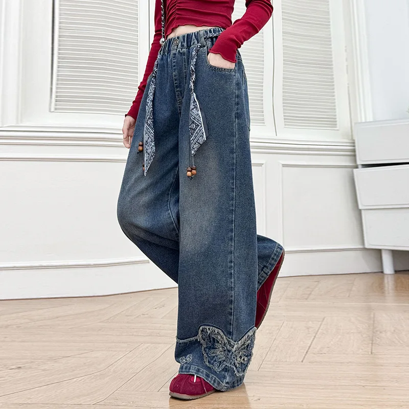 الفتيات أزياء الجينز ربيع الخريف نمط جديد المراهقين الأطفال المألوف مكبل فراشة التطريز واسعة الساق الدنيم السراويل #6