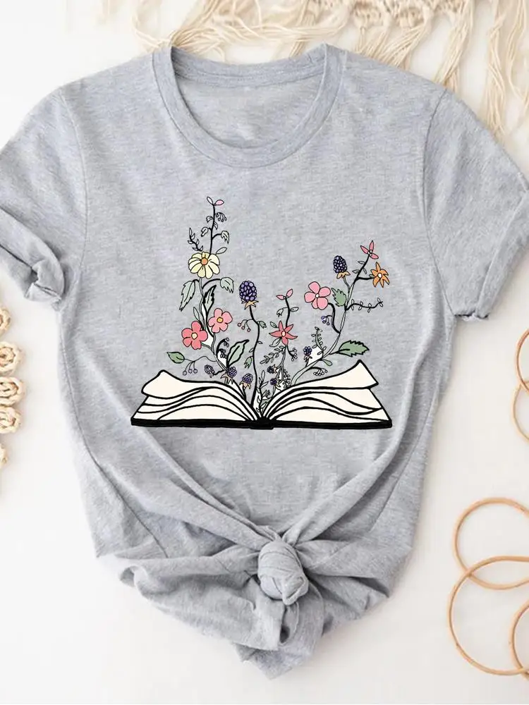 

Женская одежда, серая футболка с принтом, летний топ с коротким рукавом, модная трендовая одежда с принтом книги, сердечек, цветов, базовая футболка с графическим принтом