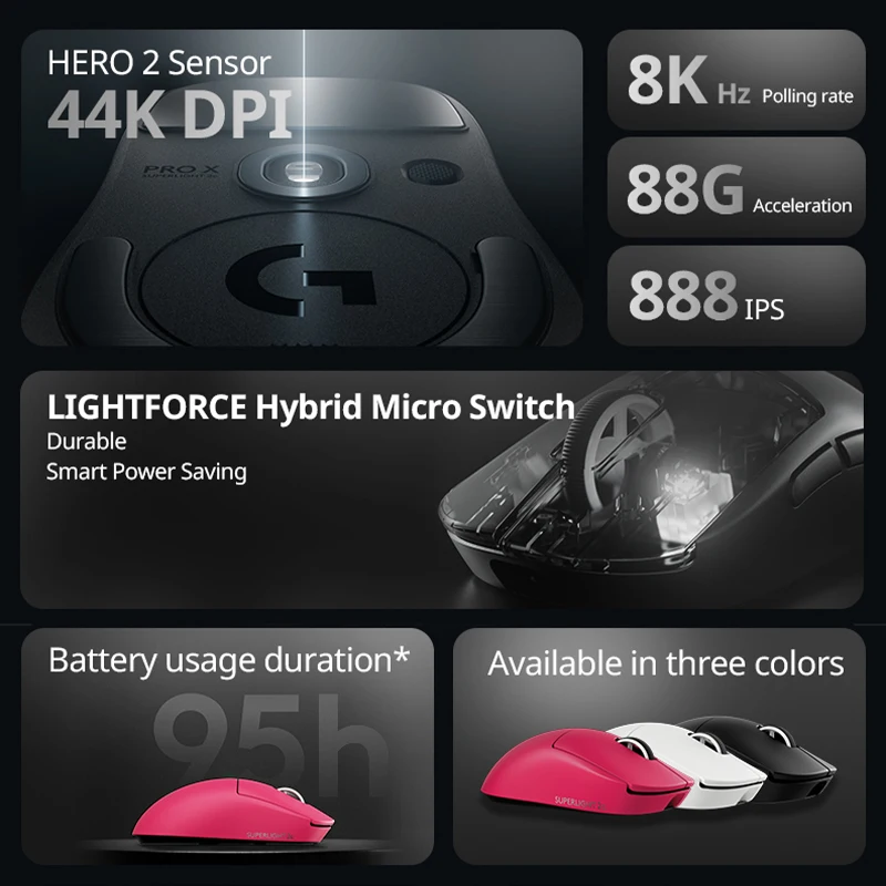 ماوس الألعاب اللاسلكي Logitech G PRO X SUPERLIGHT 2c، 51 جرام، مستشعر HERO 2 يدعم ما يصل إلى 44000 نقطة في البوصة و888 رطل لكل بوصة، 8 كيلو هرتز