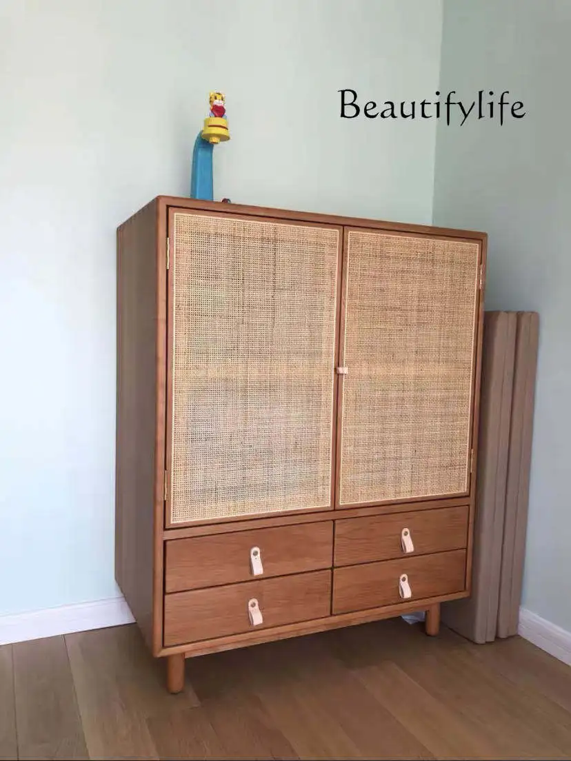 

Japanese Rattan Door Solid Wood Wardrobe Simple Modern Bedroom Storage Cabinet Nordic Small Apartment Assembled Cabinet