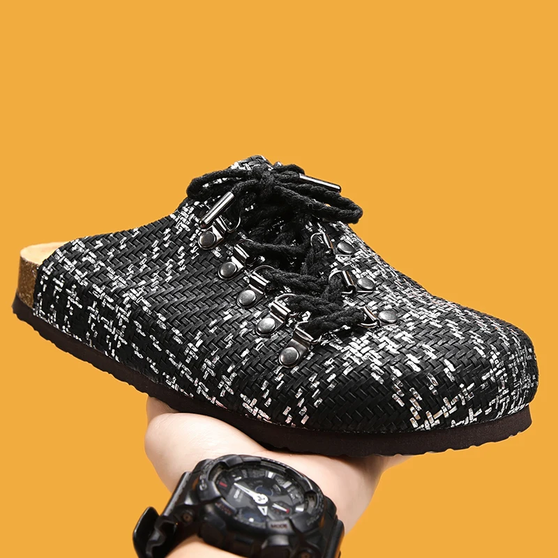 Men Women Luxury Rivet Strap Versatile Four Seasons Closed Toe Cork Slippers,Anti-slip Wear-resistant Mules, Outdoor Beach Shoes