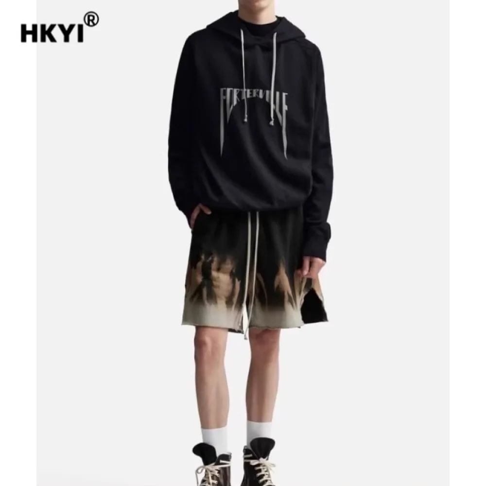 HKYI Men's Loose Shorts Flame Retro Street Trend Tie Dyeing Color blocked Making Old Casual Shorts Trend