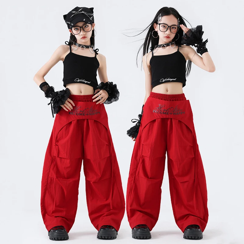 

New Girls Kpop Hip Hop Clothing Summer Black Vest Red Hip Hop Pants Jazz Practice Wear Fashion Stage Performance Costume BL15998