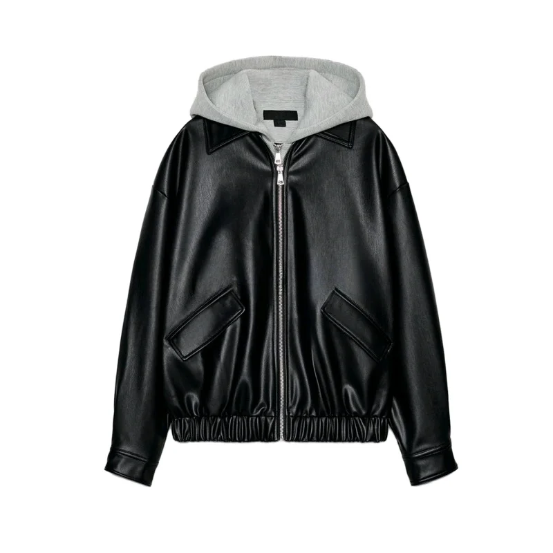 

mat Winter Women's Jaet Zipper Long Sve Detachable Hood Leather Effect Outerwear Polyester Fiber Ladies Coat