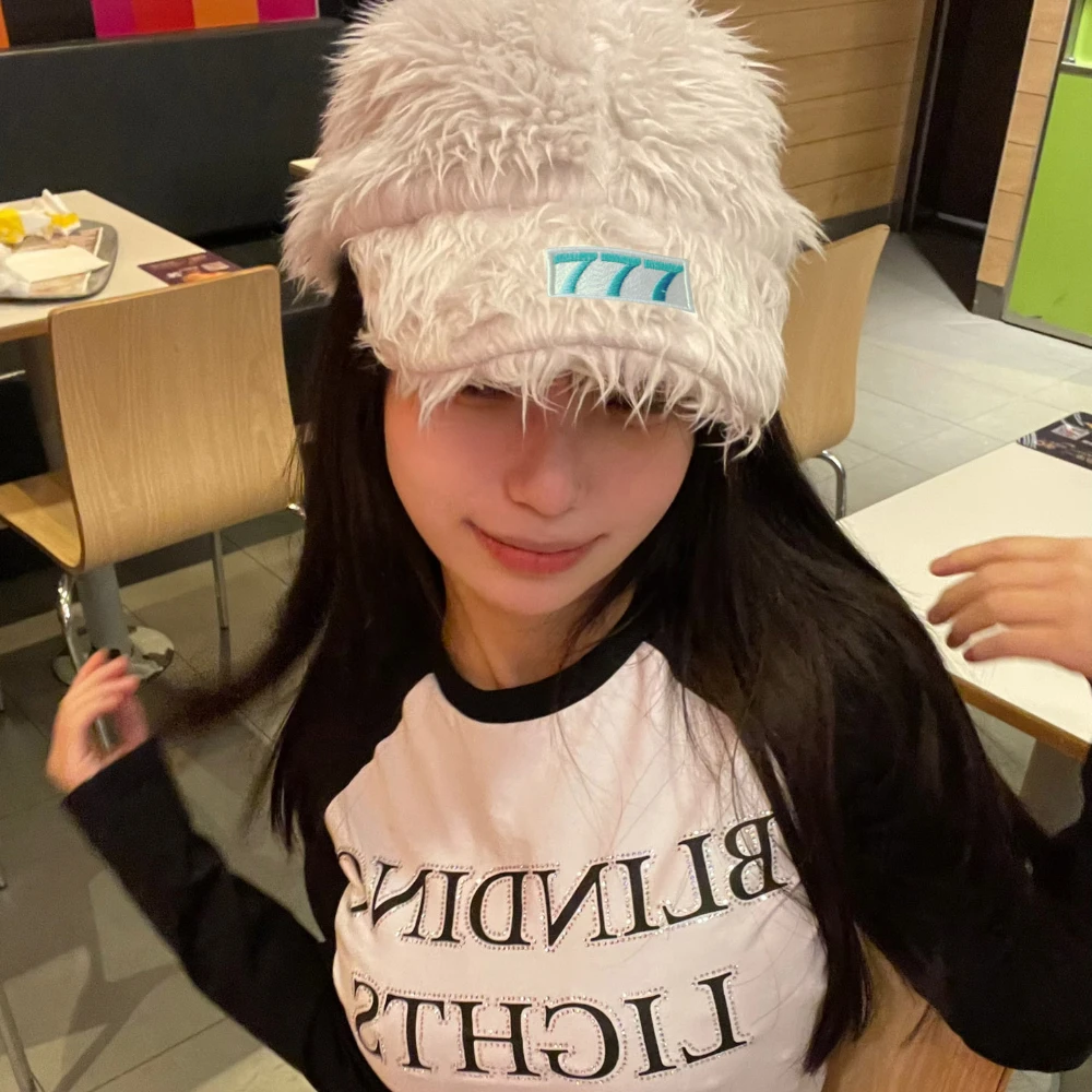 Y2K Number 777 Colorful Embroidery Long Plush Baseball Hats for Women Men Autumn Winter Street Hipster Fur Truck Cap Female