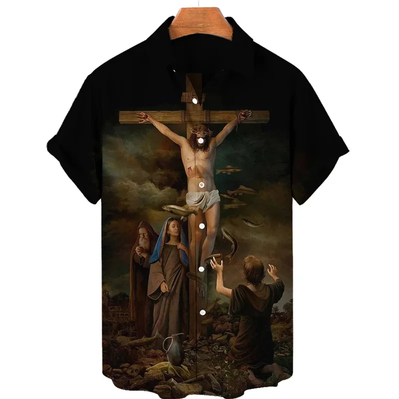 2025 Hawaiian God, Jesus, Male Cross Religion, 3D Printing, Harajuku Short Sleeve Casual Top, Tropical Clothing