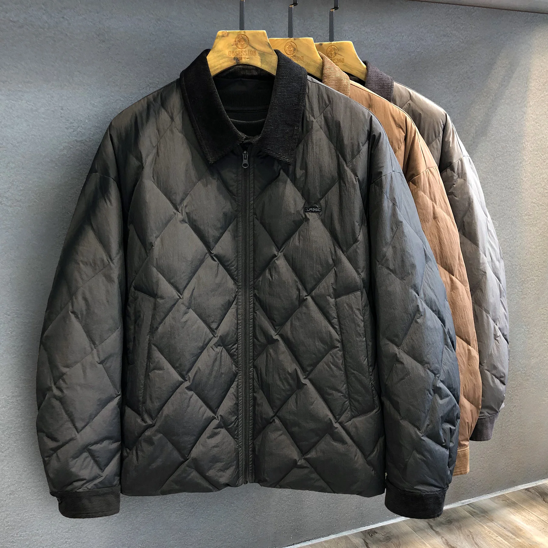 

Retro Diamond Pattern Men's down Jaet Warmth Collar Du down Winter New Sle Outerwear Casual Sle Nylon Fabric