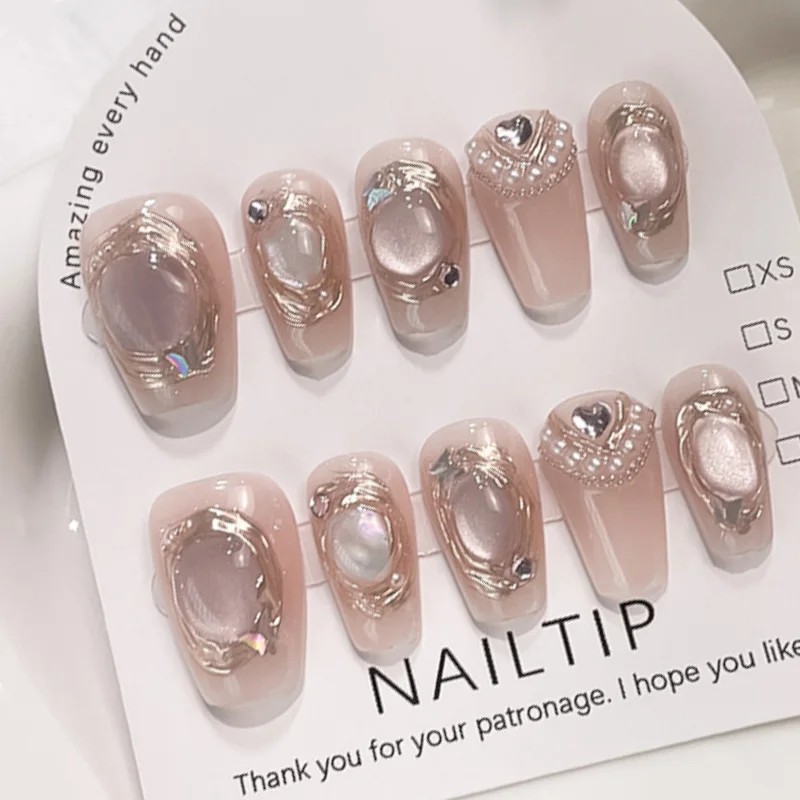 

10pcs Luxury Color Diamond Handmade Press On Acyrlic Nails Long False Nails Pink Cat Eye Butterfly Pearl Girls Party Gifts