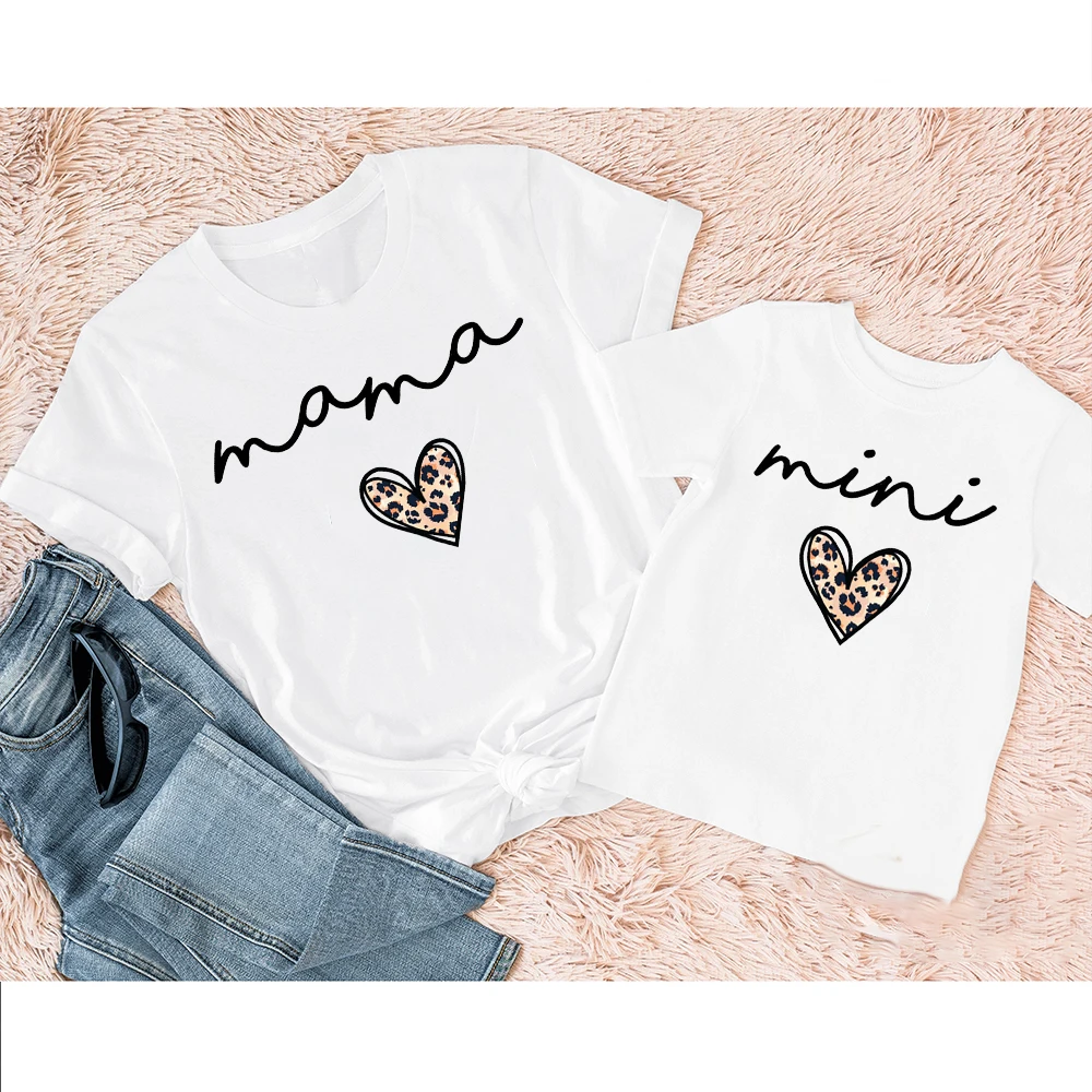 Mama Mimi Leopard Heart Print Family Matching Clothes Mother & Daughter Short Sleeve Outfit Shirt Fashion Mom Girl T-shirt Tops