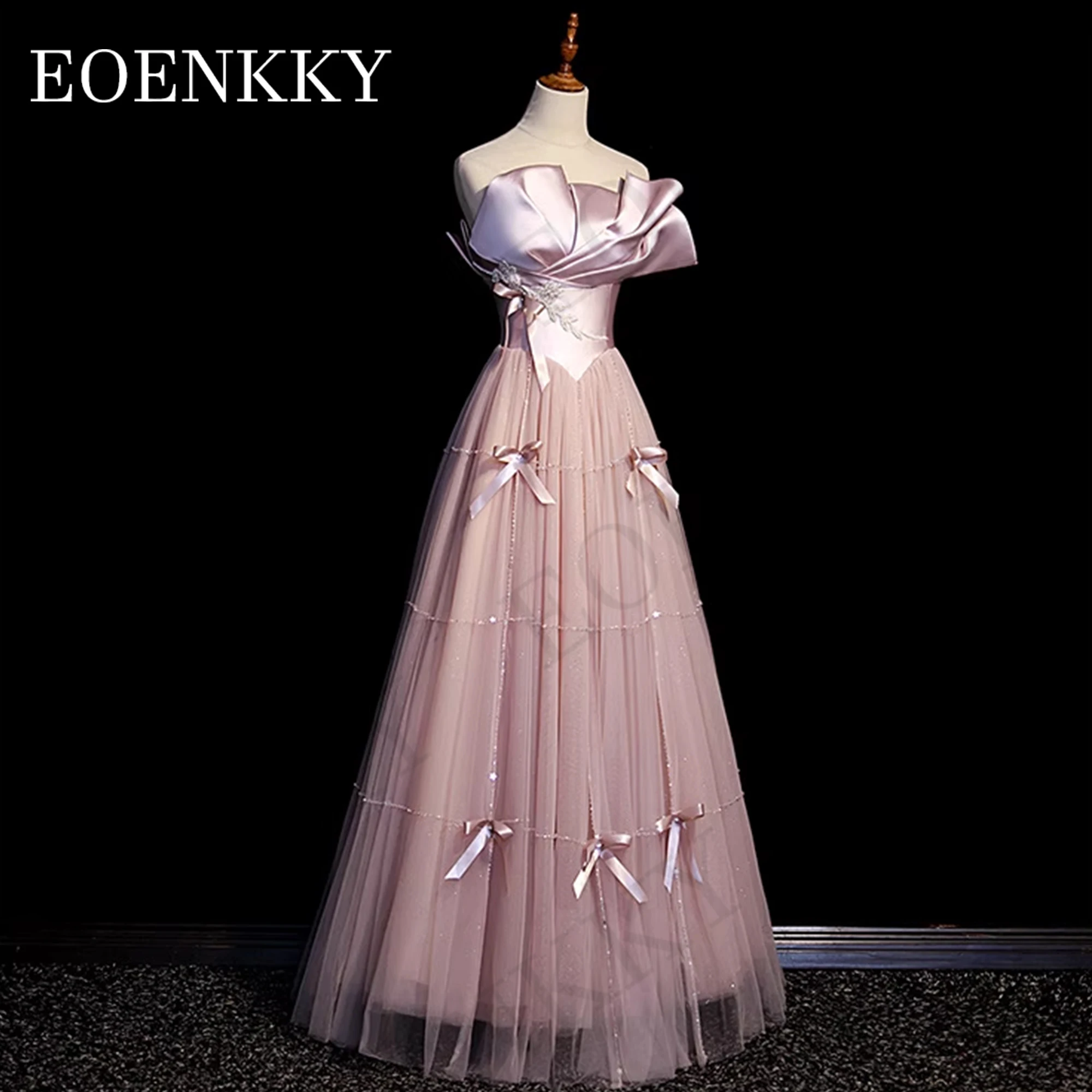 Robe de Bal de Princesse sans Bretelles en Tulle Ligne A, Tenue de Graduation avec Nministériels d Décoratif et Perles Robe de bal de fin d'année sans bretelles  Princesse A Line Tulle Bow Pearl Decoration Graduation D