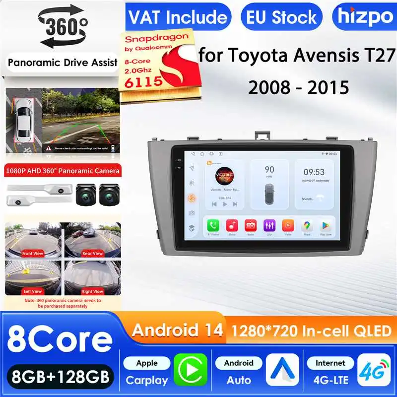 Hizpo Carplay 4G AI-Systeme Android 15 Autoradio für Toyota Avensis T27 2008 - 2015 Multimedia-Videoplayer GPS 2-DIN Autoradio 9 Zoll Intelligenter Bildschirm QLED-Display Automotive Head Unit