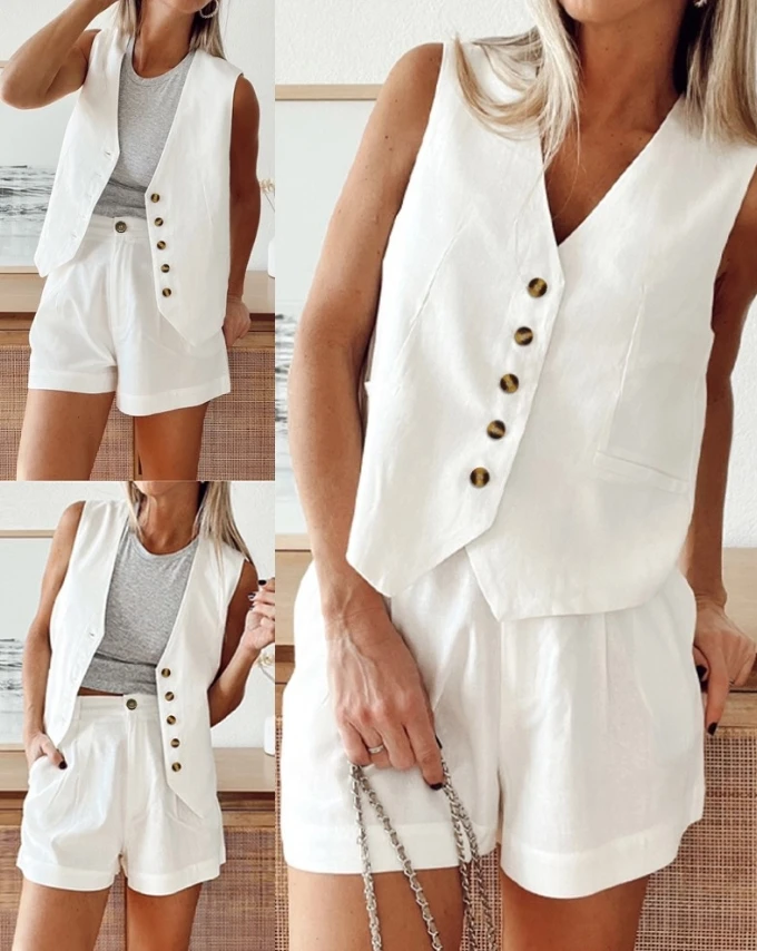 Women's Urban Suits 2025 Spring Summer Latest 2 Piece V-Neck Sleeveless Front Button Tank Pants Set Work Blazer Sets with Pocket