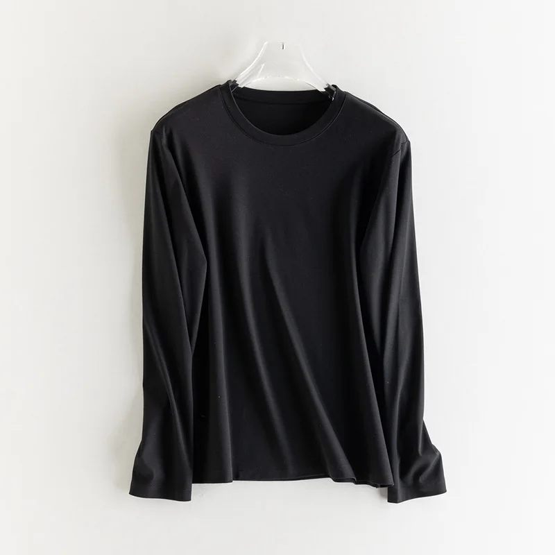 Spring and Summer New Silk Cotton Top Fitted Basic Long Sleeved T-shirt Round Neck Comfortable Cool Breathable Clothing for Men