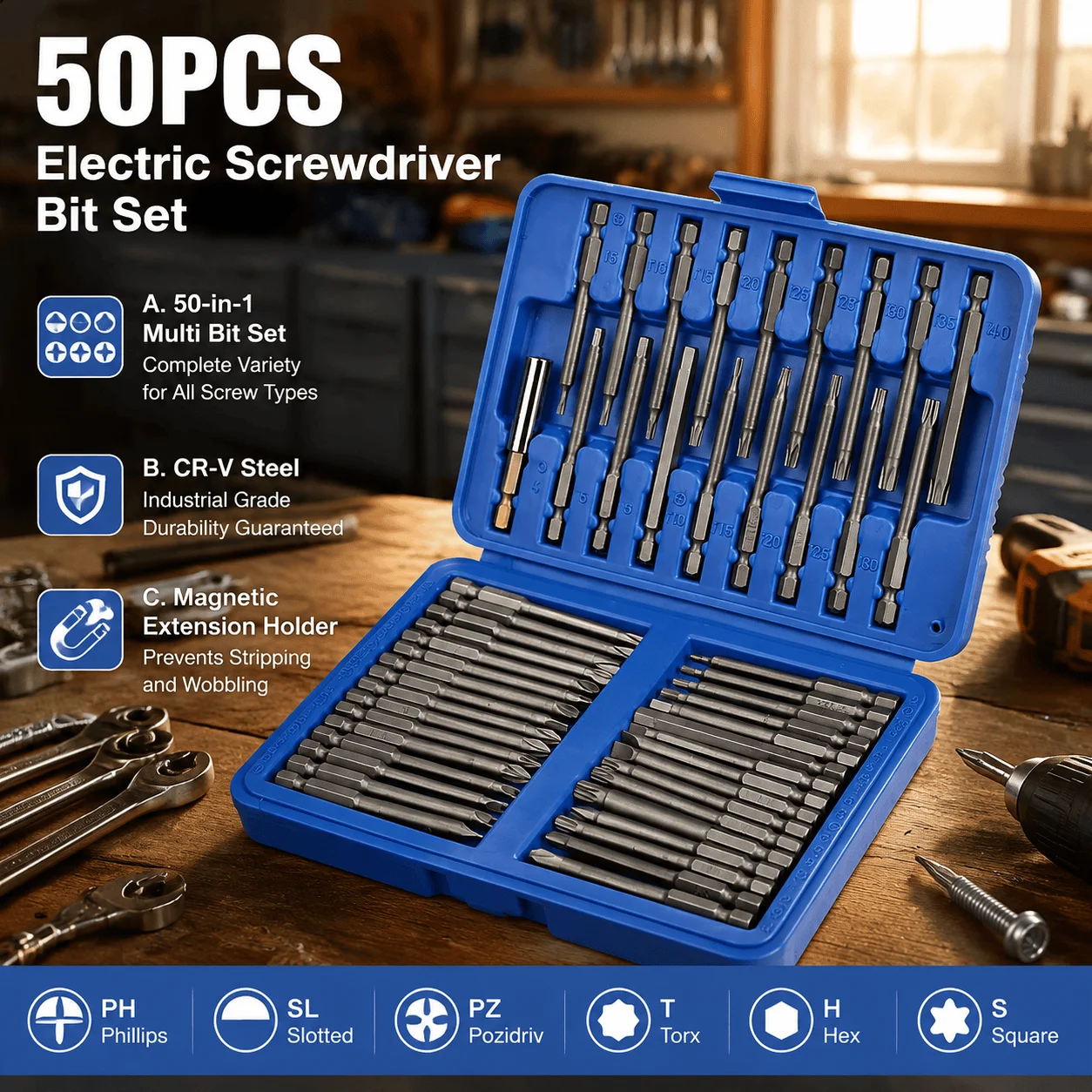 50-In-1 Screwdriver Bit Set CR-V Steel Magnetic Extension Holder Extra Long Electric Precision Security Car Repair Tool Kit