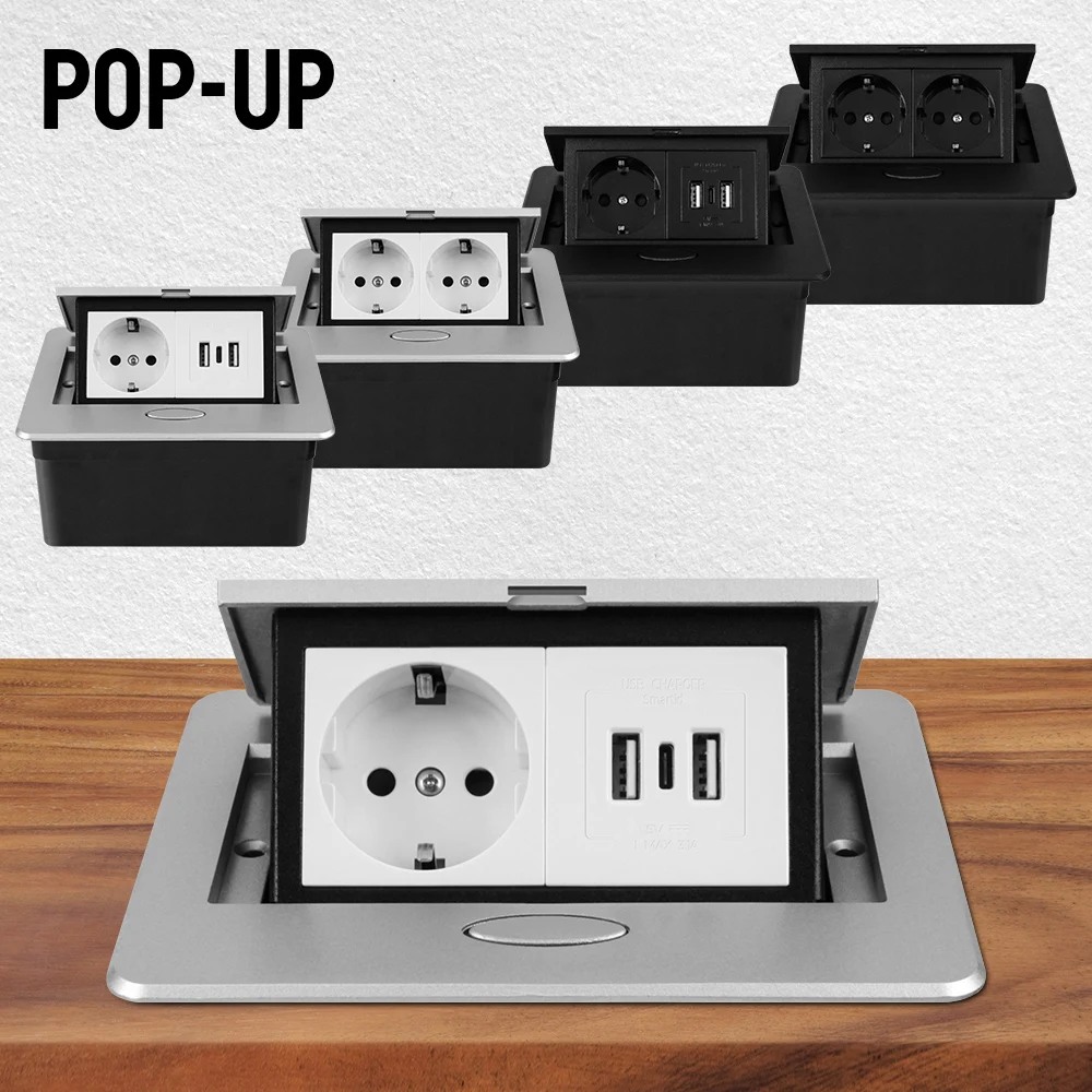 EU USB Type-C For Meeting Room Office Kitchen Desktop Socket Table Outlet Metal Panel Slow Pop-Up Hidden Wall Charger