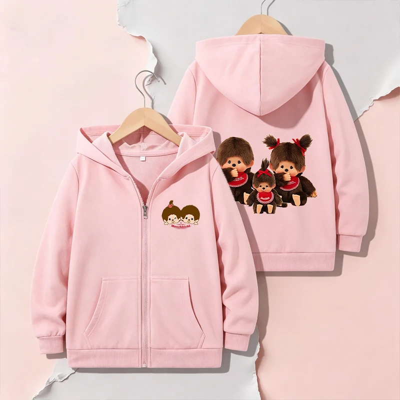 M-Monchhichis Boy Girl Coat Zipper Jacket Coats Cute Hoodie Sweatshirt Cartoon Tops Spring Autumn Casual Clothes Birthday Gift