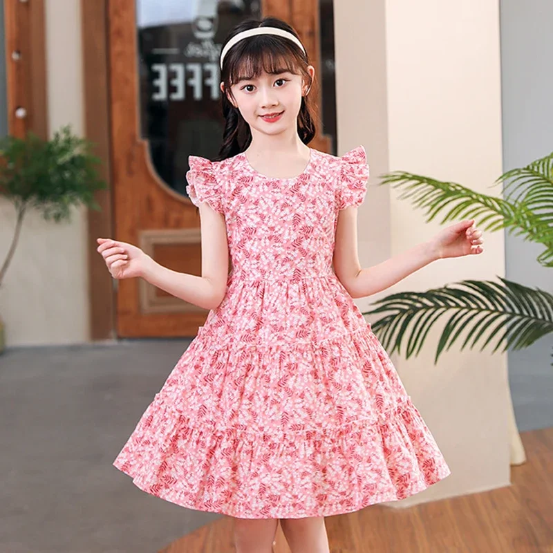 Novo Vestido Infantil Rosa com Estampa Floral 2026 para Meninas, Vestido Rodado com Manga de Babado e Saia em Camadas, Ideal para o Verão, Uso Diário 