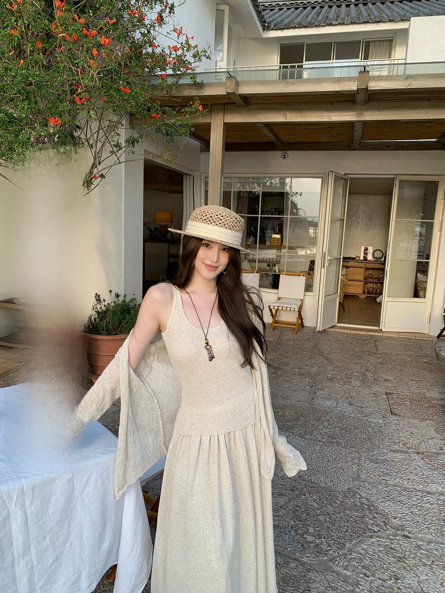 

YEAHLOU Летний комплект в корейском стиле: нежный вязаный льняной жилет и юбка для женщин, модный ансамбль с длинными рукавами