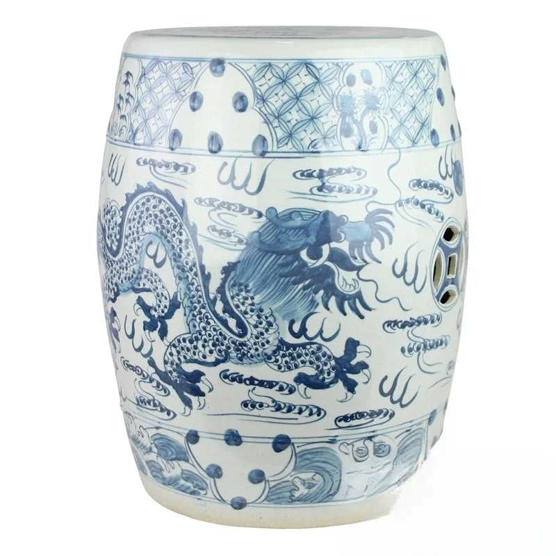 Antique blue and white porcelain pier hand-painted flower and bird dragon pattern drum stool hexagonal edge few home dressing