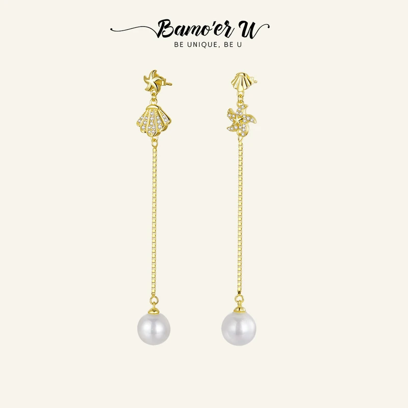 BAMOER U 925 Sterling Silver Starfish Seashell Stud Earrings, Plated In Gold New Fashion Ear Pearl Drop line Party Jewelry