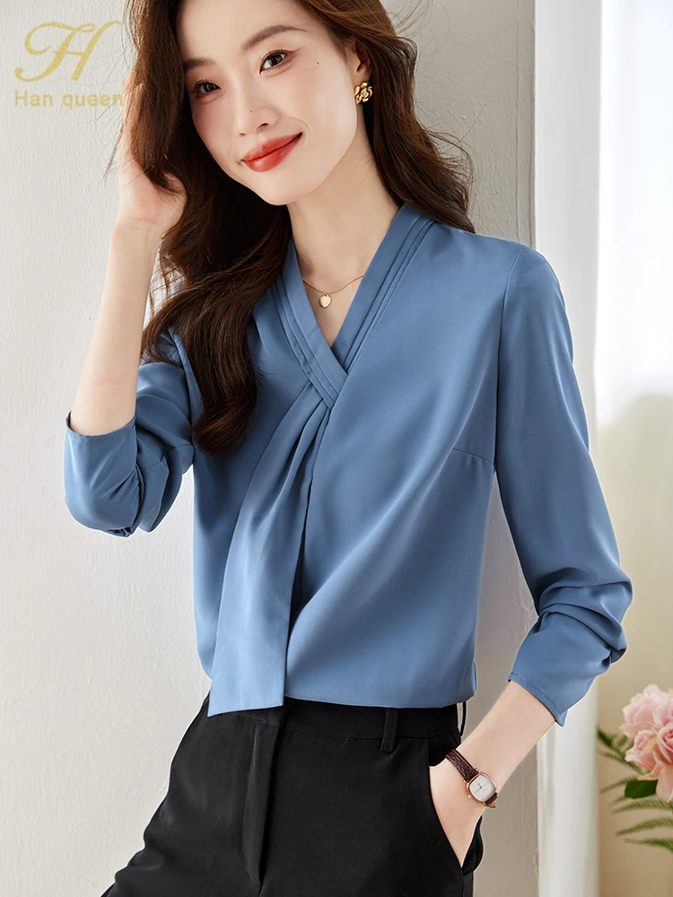 H Han Queen Autumn Blouses Loose Long Sleeve Career Interview Attire Chiffon Blouse Casual Tops Women\'s Business Vintage Shirt