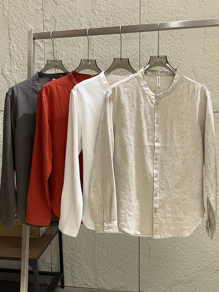

Natural 100% Linen Long Sleeve Shirt Men's Casual Comfortable Breathable Moisture Absorbent Autumn Pure Color Stand Collar