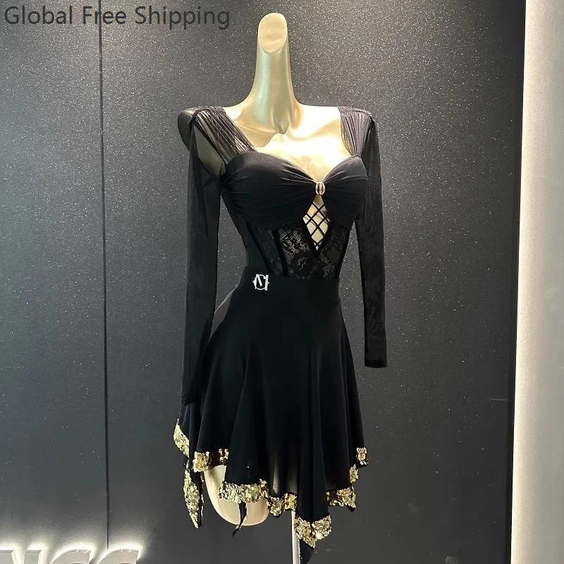 طقم فستان رقص لاتيني للسيدات أداء أسود مثير من الدانتيل الشبكي بدلة سبليت تشاتشا رومبا ملابس ممارسة الرقص اللاتينية للبالغين 2026