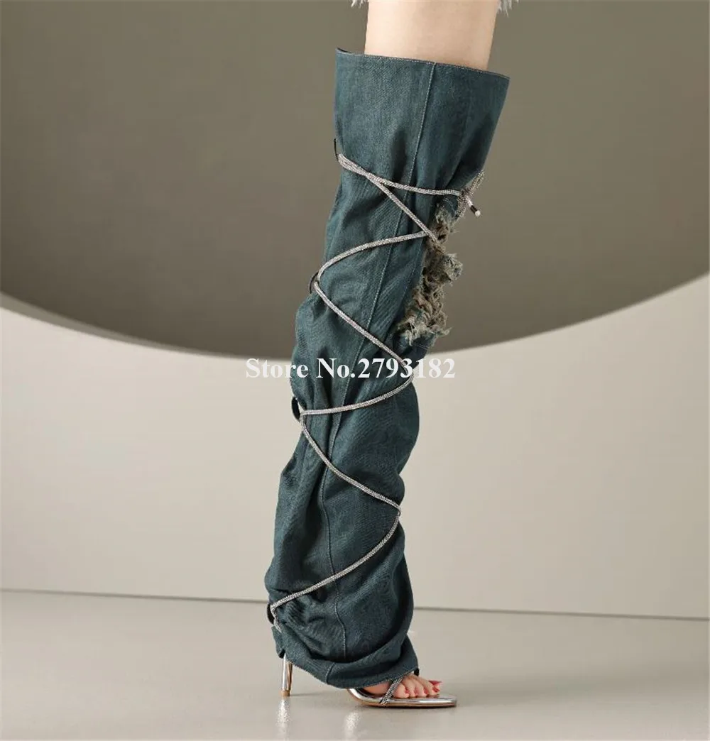 Newest Straps Cross Blue Black Denim Over Knee Gladiator Boots Open Toe Holes Decorated Thin Heel Long Boots