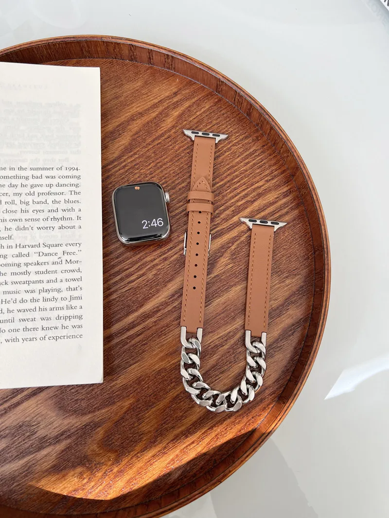 Pulseira de Couro Double Tour para Apple Watch, Correia de Metal para iWatch, Acessórios em Corrente, 40mm, 44mm, 49mm, SE8, 7, 6, 5, 4, 3, 38mm, 42 milímetros, 41 milímetros, 45 milímetros