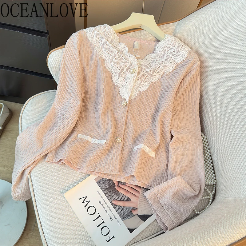 

OCEANLOVE Lace Patchwork Sweet Blouses V Neck Spring Autumn Chic Women Shirts Korean Fashion Elegant Simple Blusas Mujer